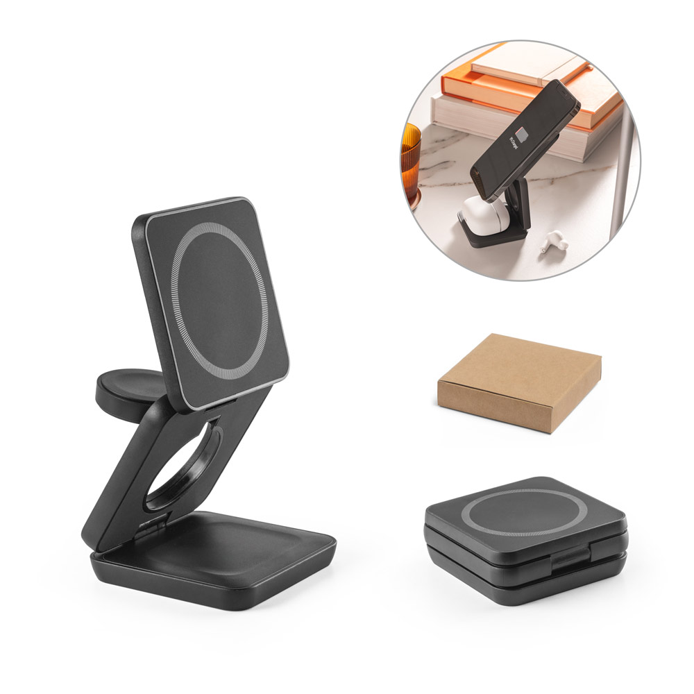 BROGLIE. Supersnelle 15W 3-in-1 magnetische draadloos oplader in gerecycled ABS (100% rABS) bedrukken met logo