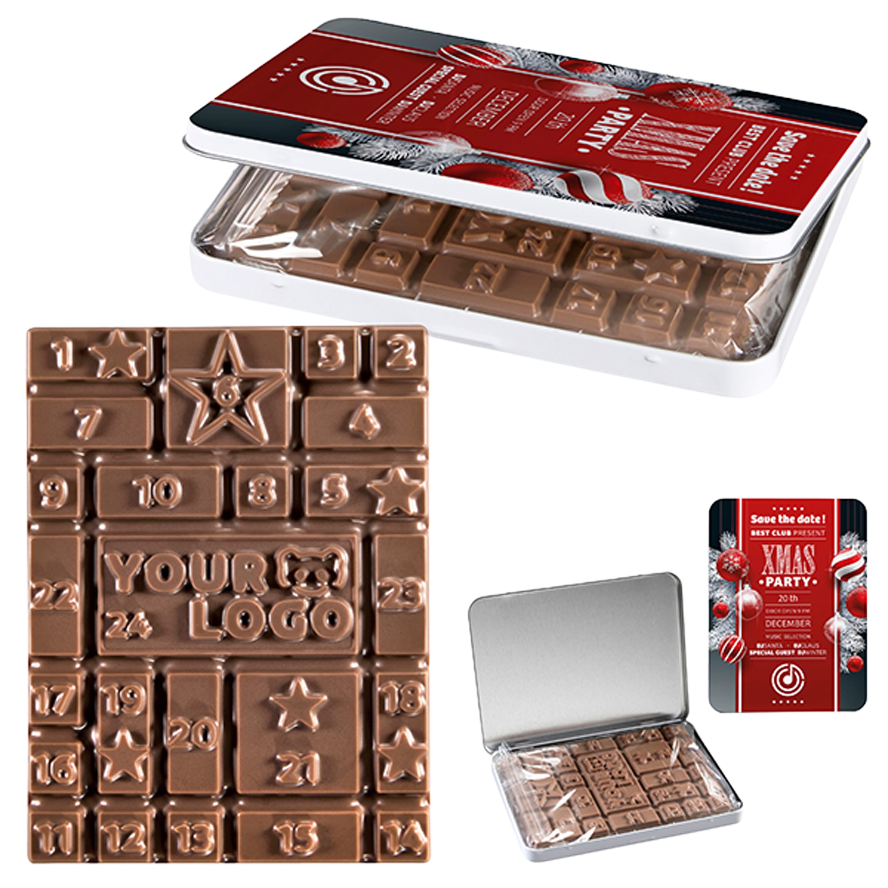 Blik met Logo chocolade plak bedrukken met logo