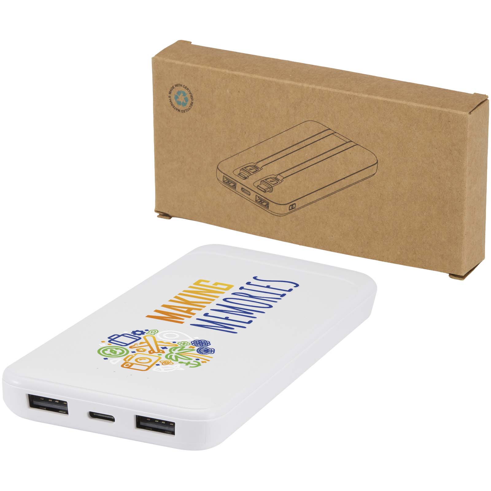 Adhil powerbank van 10.000 mAh 10 W van gerecycled plastic met 2 ingebouwde kabels bedrukken met logo