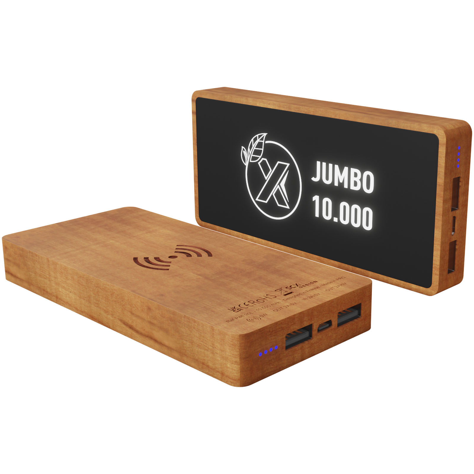 SCX.design P46 houten powerbank van 10.000 mAh voor draadloos opladen bedrukken met logo
