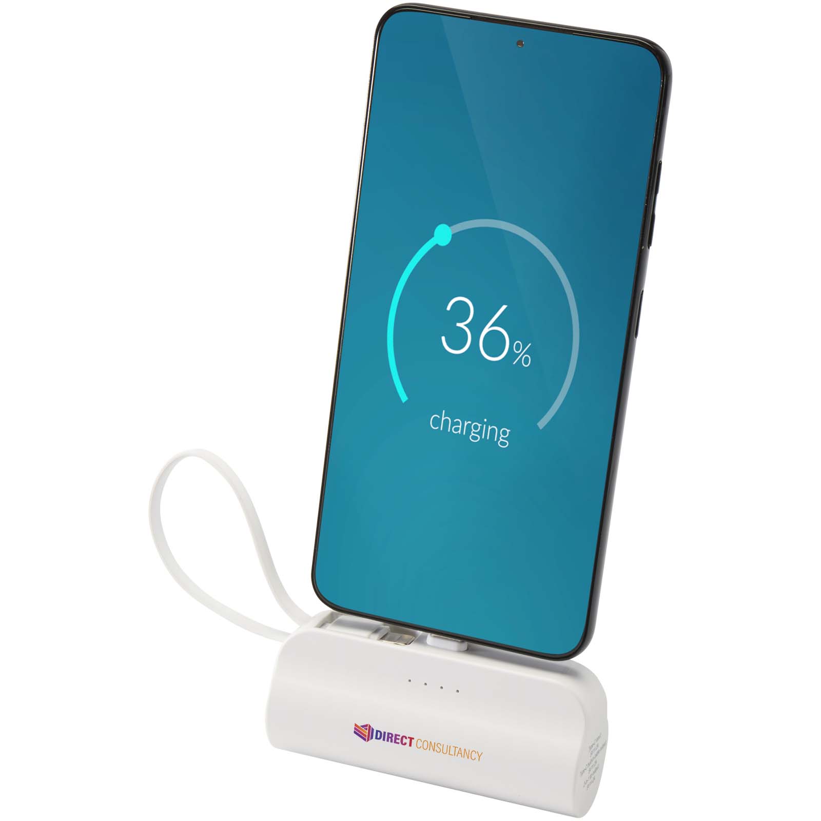 Alnair Type-C powerbank van 5000 mAh 10 W van gerecycled plastic met ingebouwde klapstandaard en 2 in 1 kabel bedrukken met logo