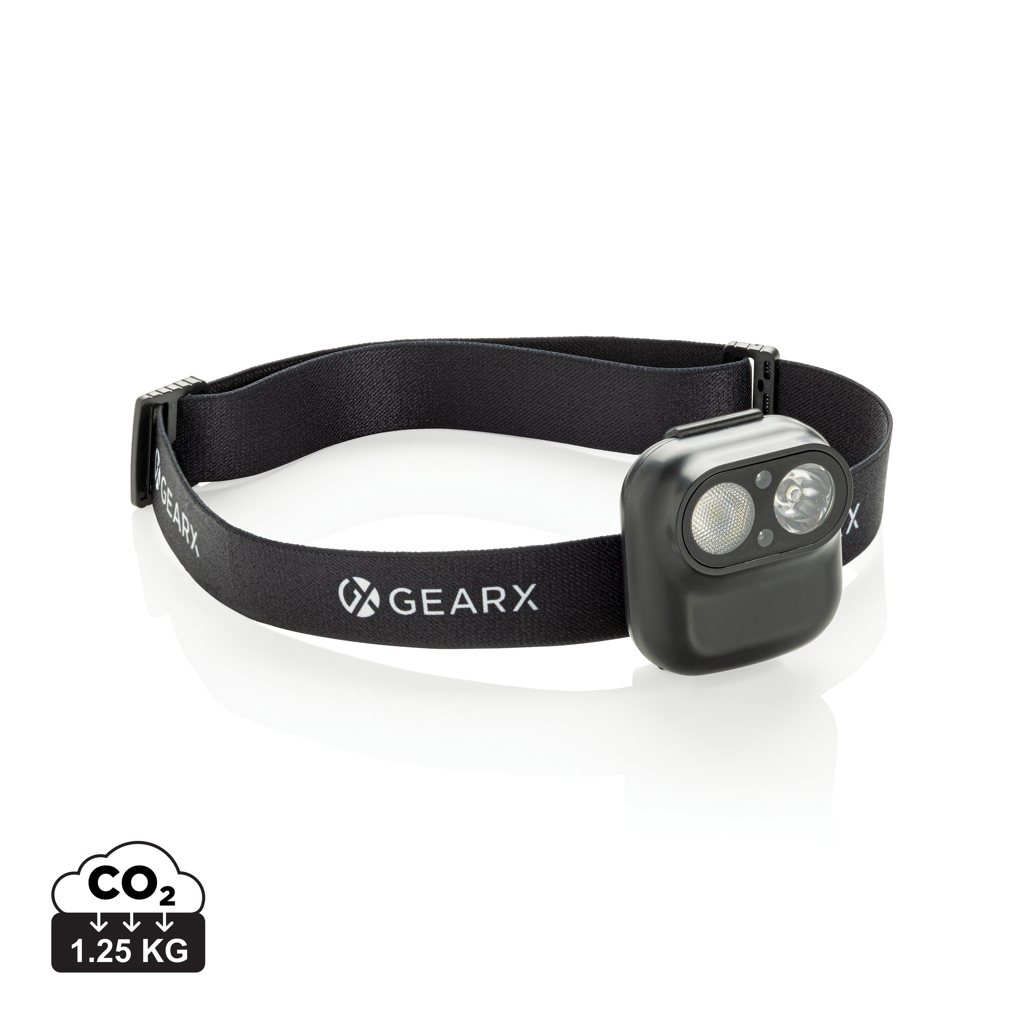 Gear X RCS recycled plastic hoofd lamp met motion sensor bedrukken met logo