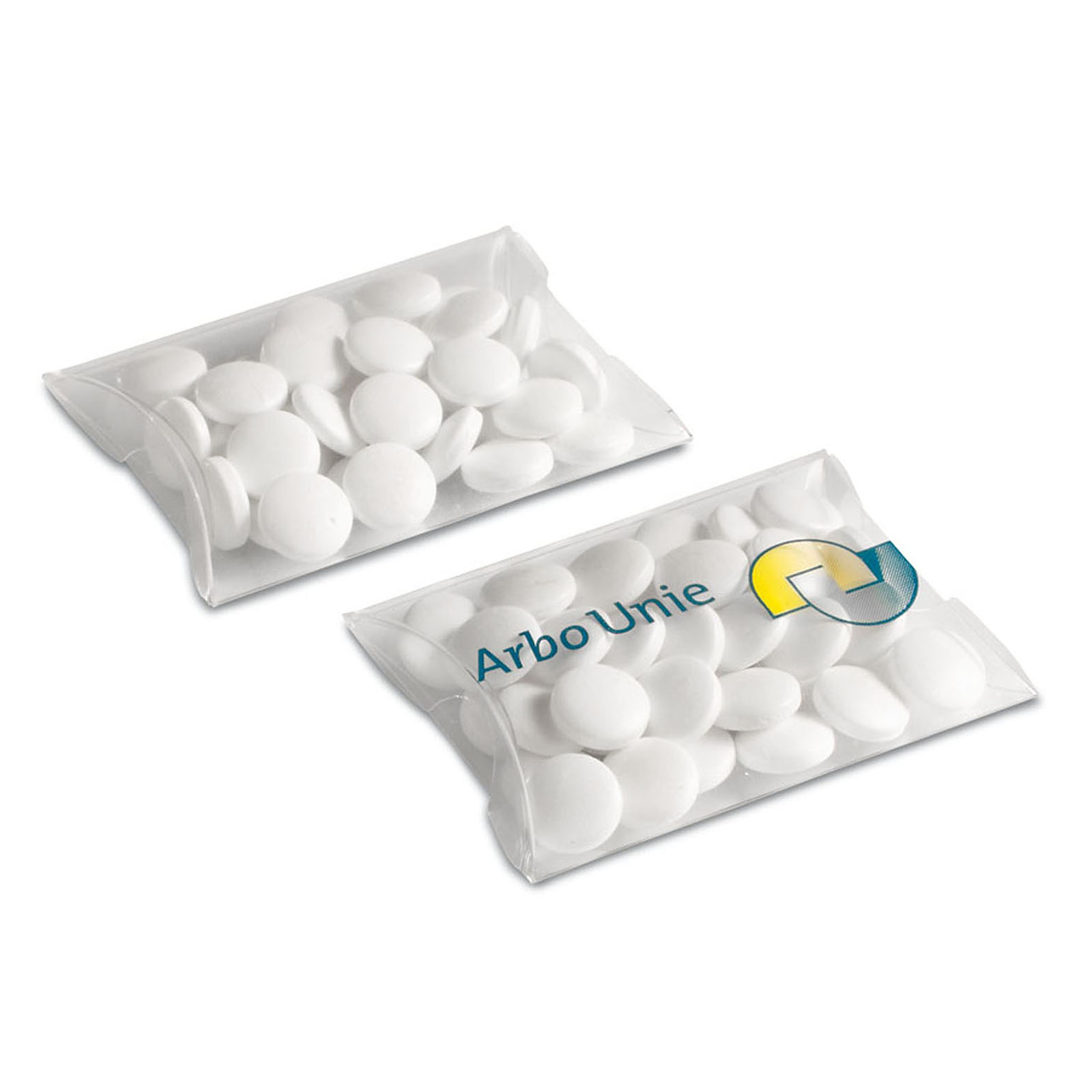 Plastic klikhulsje met pepermunt bedrukken met logo