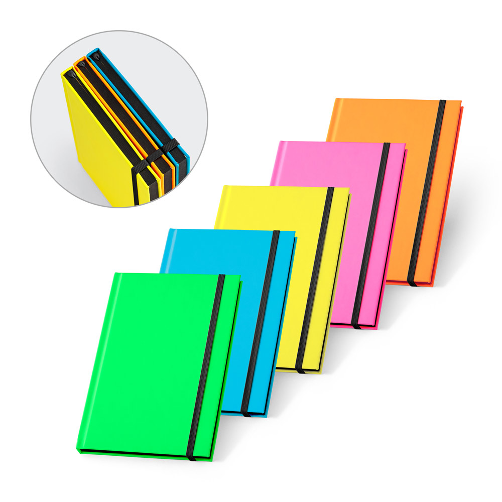 WATTERS. A5 notitieblok in fluorescerend PU met gelinieerde pagina's bedrukken met logo