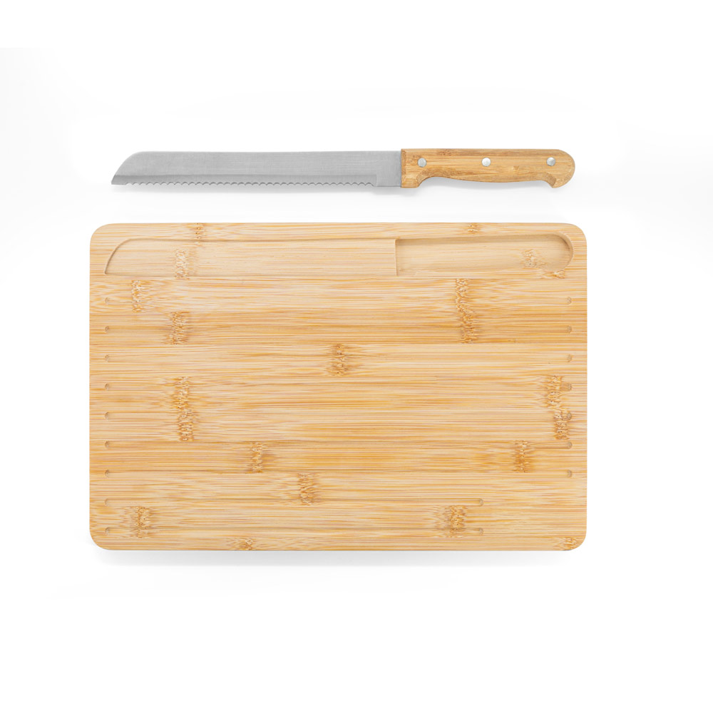 CATCHER. Broodsnijplank van bamboe met mes inbegrepen bedrukken met logo