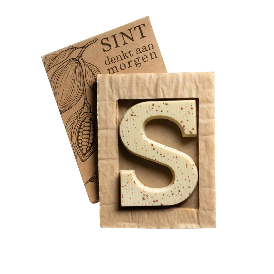 Luxe chocoladeletter S bronzen spetters - wit - (135g) bedrukken met logo