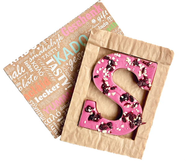 Luxe chocoladeletter S melk 145 gram Roze(Milieubewust)
 bedrukken met logo