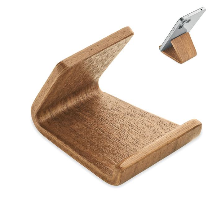 Telefoonstandaard notenhout bedrukken met logo