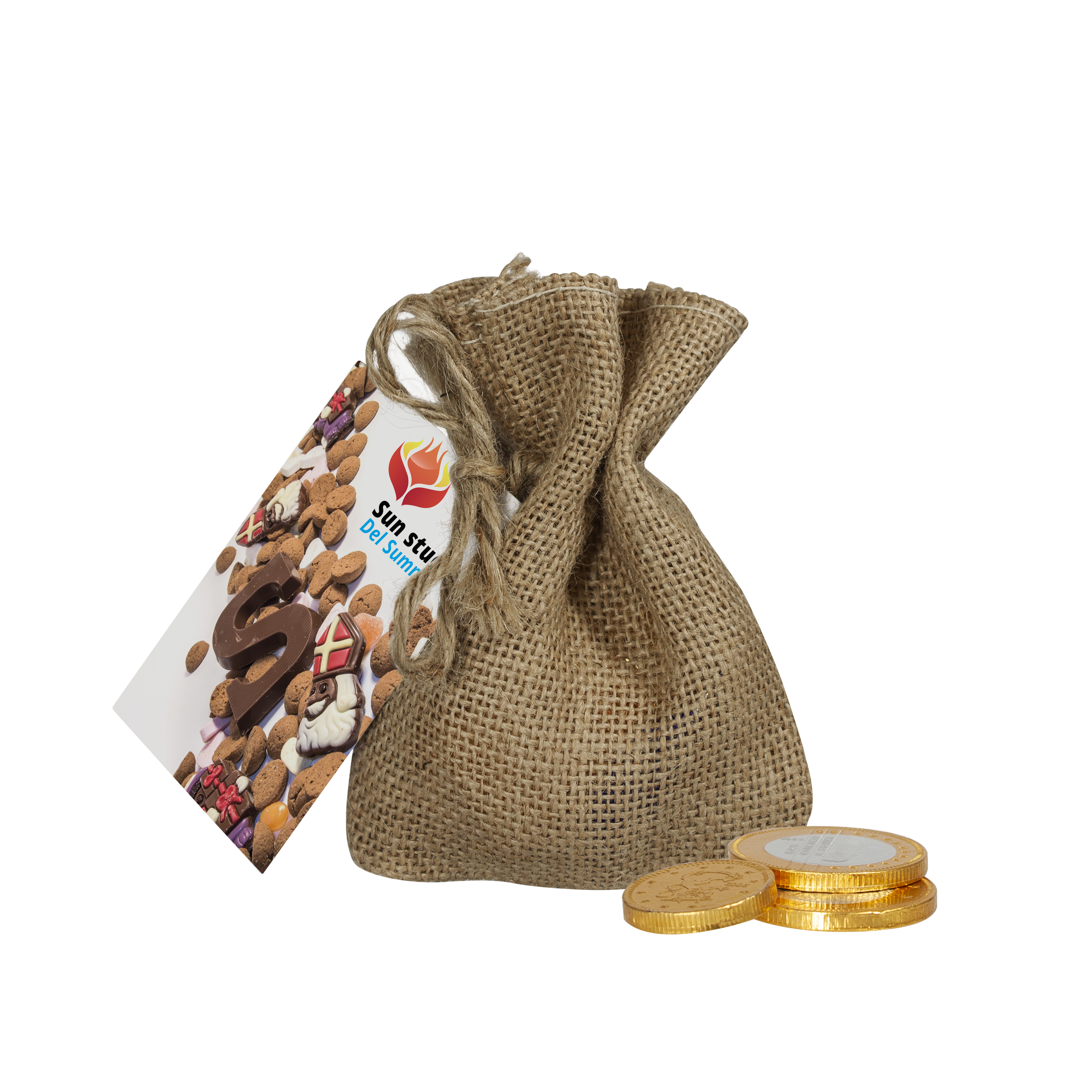 Jute zakje chocolade munten bedrukken met logo