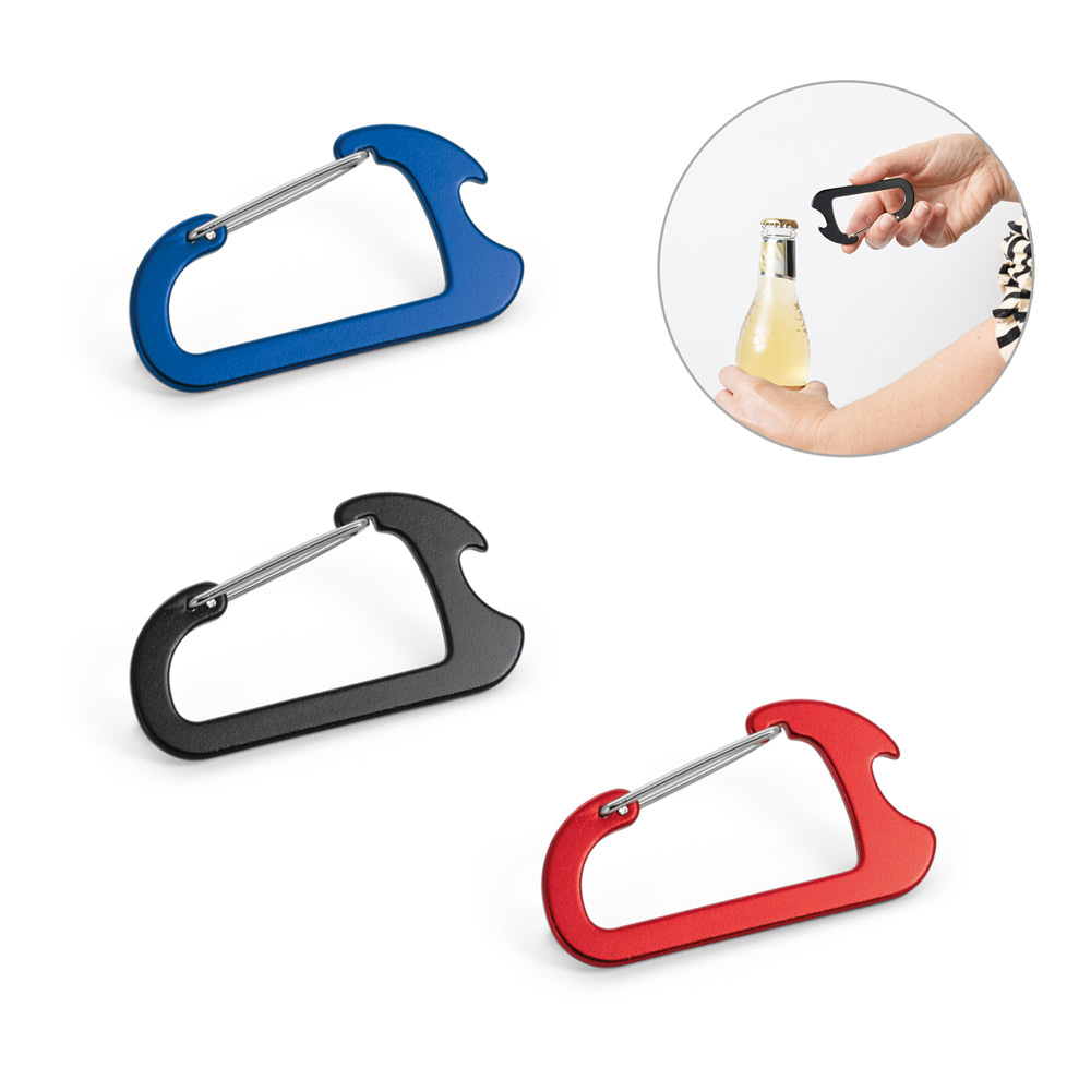 CLOSE. Karabijnhaak met aluminium capsuleopener bedrukken met logo